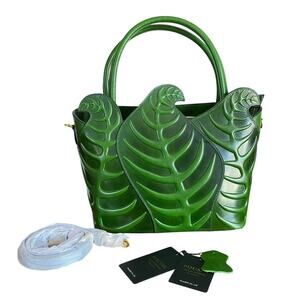 PIJUSHI Green Leather Monstera Leaf Tote Bag Embossed Botanical Satchel